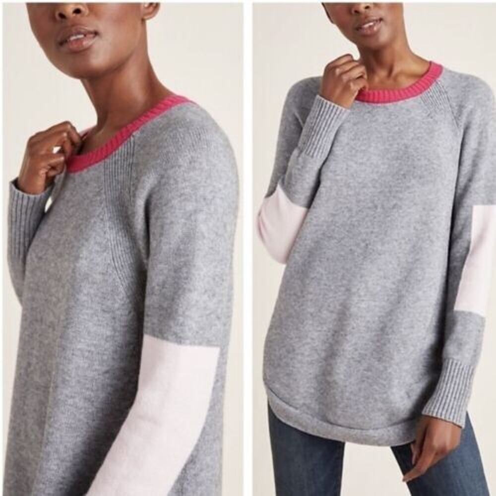 Anthropologie Tunic Small Sweater Color Block Gray Pink Crewneck Pullover